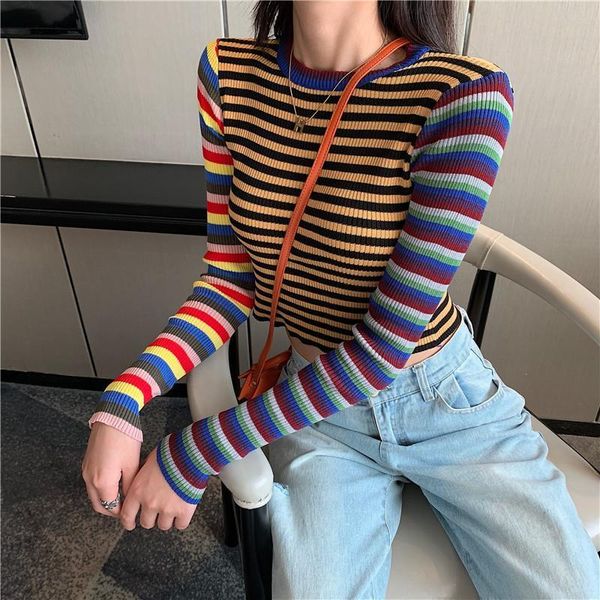 

2019 autumn women striped sweater o-neck cropped sweater pullover girls contrast color full sleeve crop for female, White;black