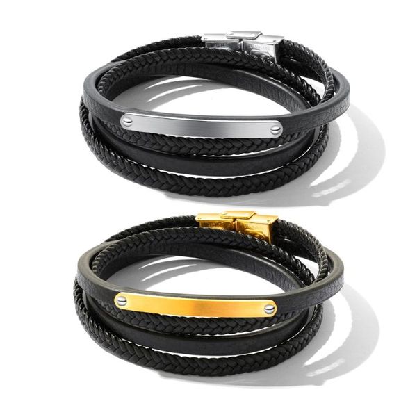 

tennis 2021 selling men's leather wrap bracelet layered chain stainless steel charm bracelets bangles male jewelry homens pulseira, Golden;silver
