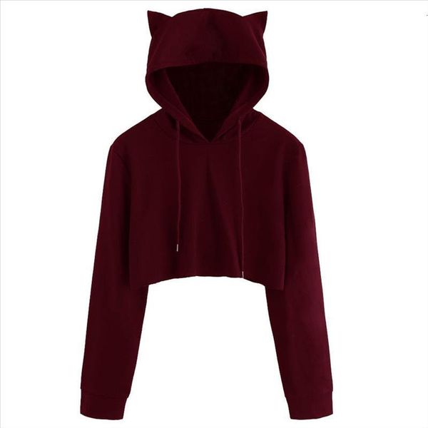 

cute womens cat ear short sweatshirts autumn kawaii solid drawstring hoodie female long sleeve cropped hooded pullover #y3, Black