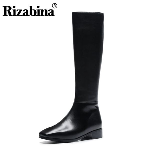 

boots rizabina women genuine leather knee heels square toe office ladies long straight shoes size 33-43, Black