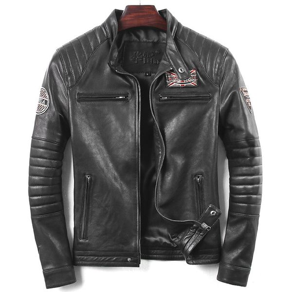 

zvaqs geniune leather jacket men sheepskin leather jacket short slim motocycle spring autumn jaqueta de couro hl-019 mf113, Black