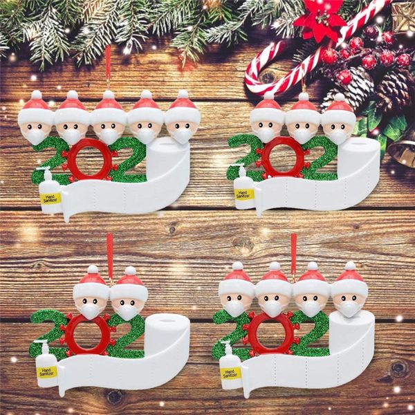 

8 styles new quarantine christmas ornament personalized diy family name hanging pendants mask snowman festival party santa claus gift
