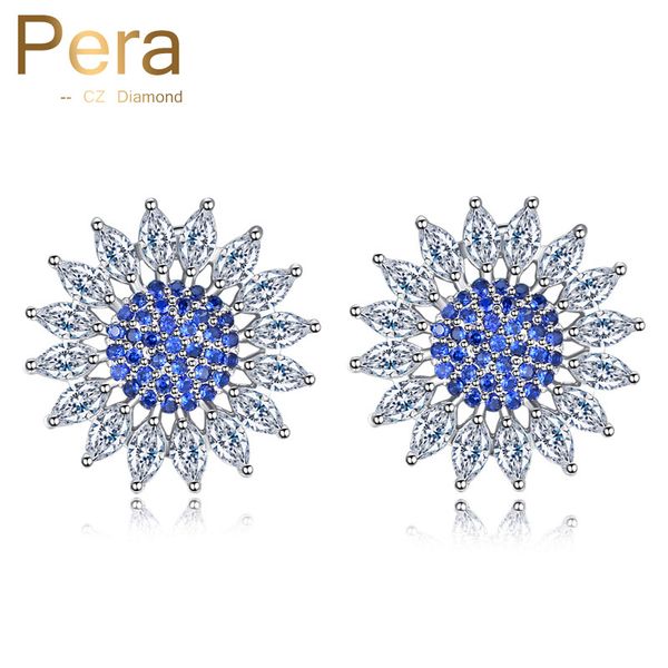 

stud pera korean style fashion ladies big sun flower cubic zirconia royal blue ear earrings for women party jewelry e335, Golden;silver