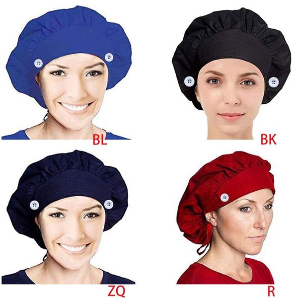 

solid color work scrub cap with buttons adjustable tie back bouffant hat, Blue;gray