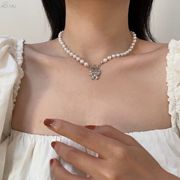 

aomu 2020 autumn design butterfly pearl choker ot buckle clavicle chain temperament short necklace for women girls jewelry, Golden;silver