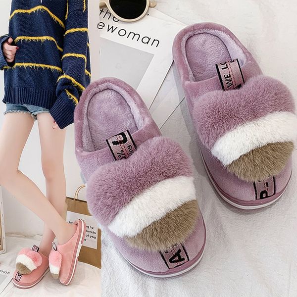 

2020 new wool slippers female winter home cute plush korean version of the indoor non-slip soft bottom heart thick warm shoes, Black