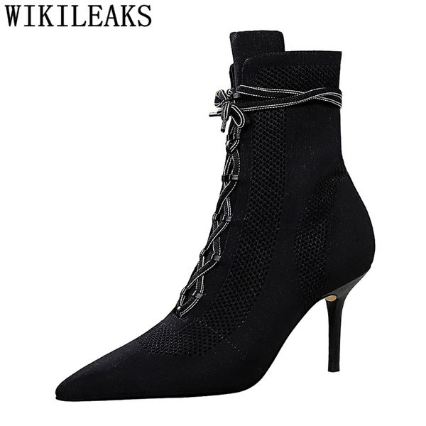 

boots lace up high heels women shoes autumn fashion stiefeletten damen bottines pour les femmes zapatos, Black