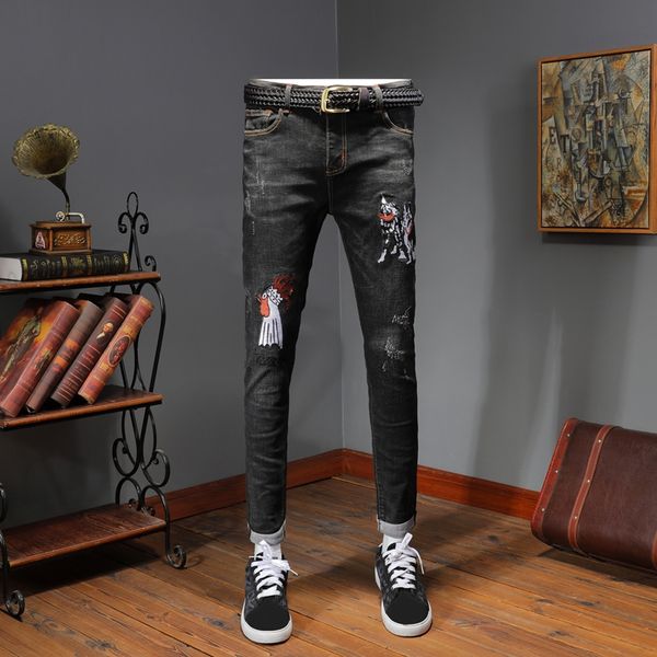 

hole embroidered jeans slim men trousers new 2020 men's casual embroidery denim pants classic cowboys young man, Blue
