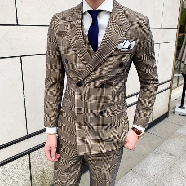 

men's suits & blazers asian size latest model british plaid business suit set men 3 pcs formal male slim suit[jacket+pants+vest] dinner, White;black