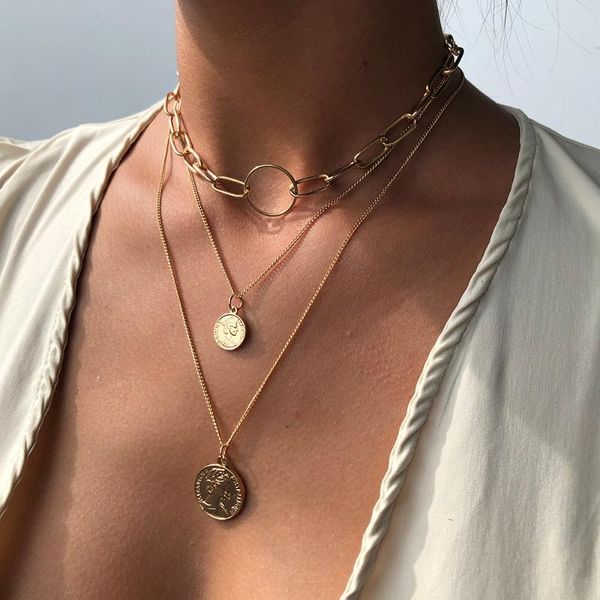 

pendant necklaces lalynnly coin chokers carved buckle necklace chains for women girls summer trendy jewelry n7506, Silver