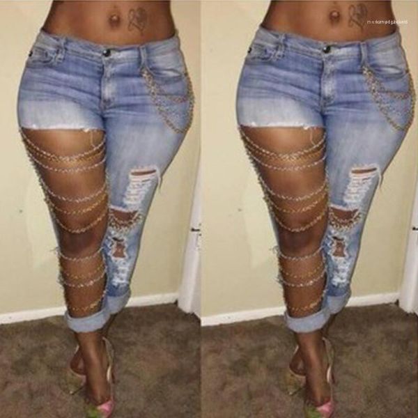 

females clothing chain panelled womens designer jeans fashion solid color hole panelled womens pencil pants casual, Blue