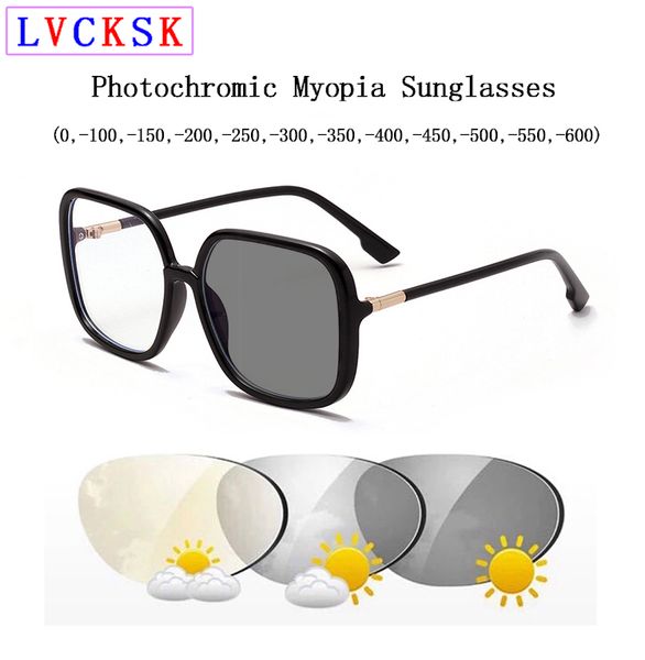 

retro large square frame pchromic myopia sunglasses for women men outdoor travel driving nearsighted sun glasses -100~-600, White;black
