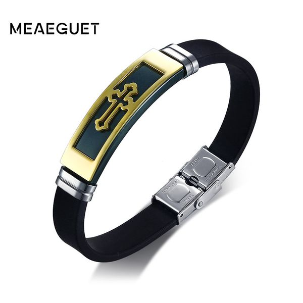 

meaeguet trendy stainless steel hollow buds cross bracelet for men religious black rubber silicone charm bracelets 12mm wide, Golden;silver