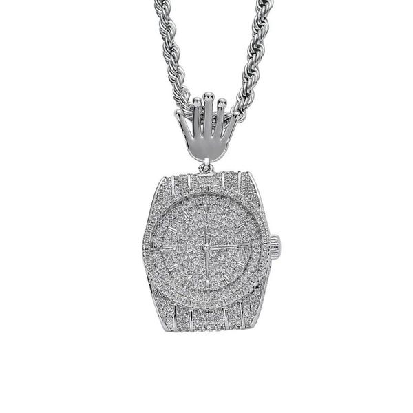 

ear iced out bling dial watch pendant necklaces pave setting zircon fashion charm pendants necklace hiphop jewelry gifts, Silver