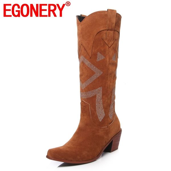 

egonery winter new fashion knee high boots outside high heels sqaure toe flock crystal women shoes drop shipping size 34-45, Black