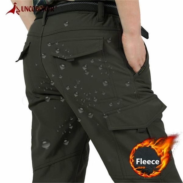 

thick warm cargo stretch pants men autumn winter military softshell casual fleece pants tactical trousers waterproof pants men, Black