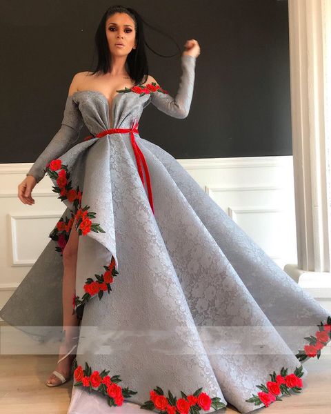 

sexy асимметричных арабского дубая цветы lace пром платье с длинным рукавом с плечом формальной партия платье вечерних платьев side split pa, Black