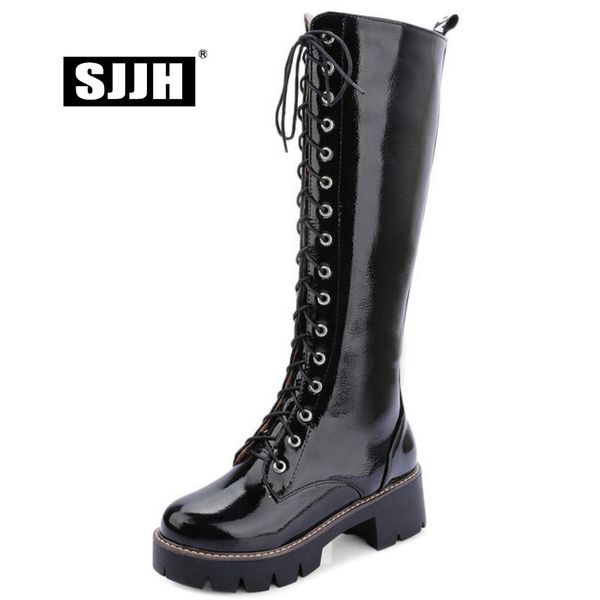 

boots sjjh women knee-high with round toe square heels platform long autumn fashion casual shoes large size q236, Black