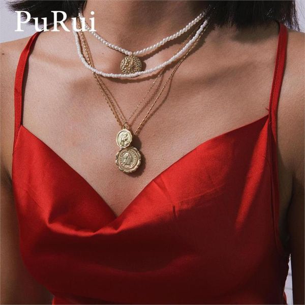 

layered necklace imitation pearl choker necklace for women coin pendant gold color beads chain bohemian jewelry, Silver