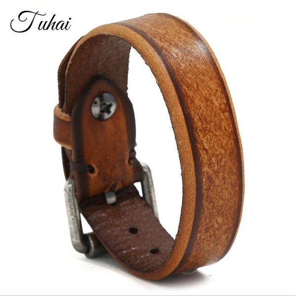 

tennis trendy brown genuine leather bracelet men vintage punk rope belt style bangles & wrap bangle jewelry, Golden;silver