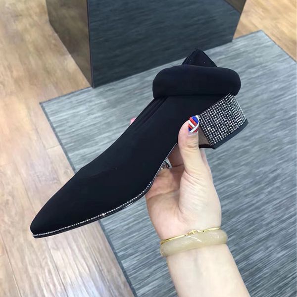 

women's sock boots 2020 new spring autumn shoes stretch thick rhinestones slim with high over the knee boots, Black