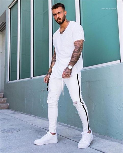 

striped solid color pencil pants fashion mens jeans holes designer mens jeans casual street style skinny, Blue
