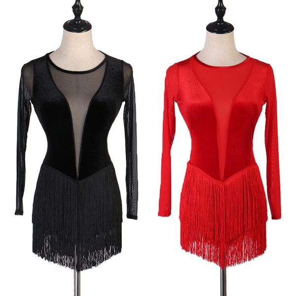 

stage wear ladies latin dance dress black red tassel costume perspective suits professional ballroom clothes tango samba