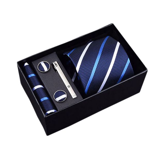 

men`s tie polyester silk jacquard woven necktie hanky cufflinks&clips sets for formal wedding business party gift box packing, Black;gray