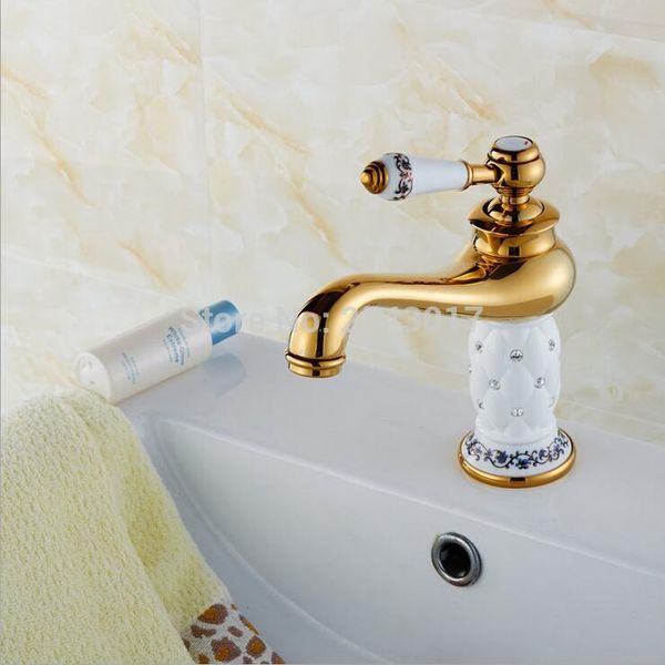 Antigo clássico Luxo Banho de cristal diamantes Mixer Bacia de Ouro torneiras quente e fria Vanity Sink torneiras Branco Taps ZR474