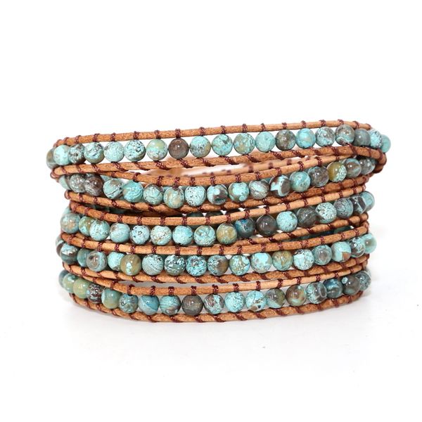 

tennis fashion natural stones ocean beads leather bracelets handmade 5 strands blue wrap bracelet for women men jewelry, Golden;silver
