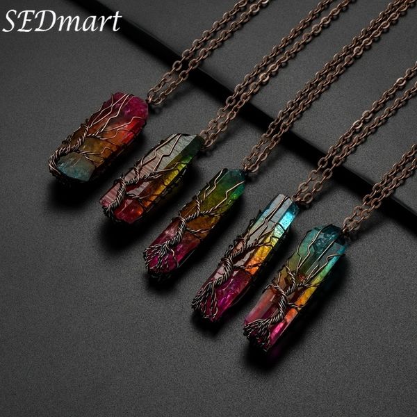 

sedmart handmade 7chakra natural/rainbow stone tree of life pendant necklace for women men long chain statement jewelry gift, Silver