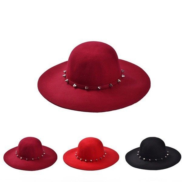 

fedora hat 2020 new fashion wine red /red /black wool floppy hats with studs big brim for women /ladies, Blue;gray