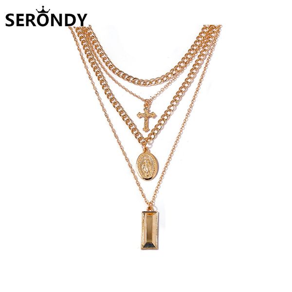 

chokers alloy cross square multilayer punk pendant choker necklace for women chains jewelry 2021 trend aesthetic friend gift xl10443, Golden;silver