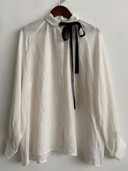 

women white blouse bow tie lace-up long sleeve simple office lady shirt