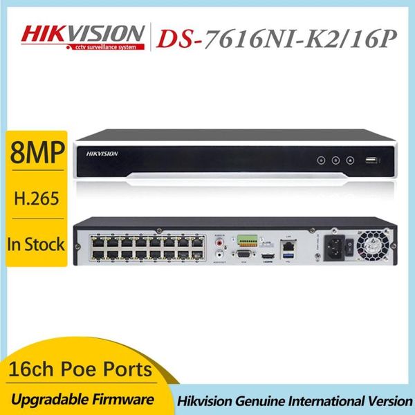 

kits hikvision english version ds-7616ni-k2/16p 16 poe ports 4k 16ch nvr 2sata plug & play h.265 max 8mp resolution recording, Black;white