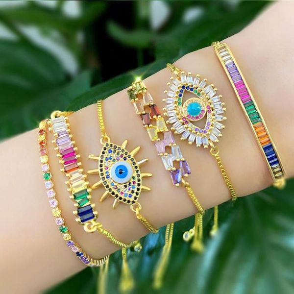 

colorful crystal bracelet for women gold color rainbow zircon evil eye charm bracelet bangle thin box chain jewelry, Golden;silver