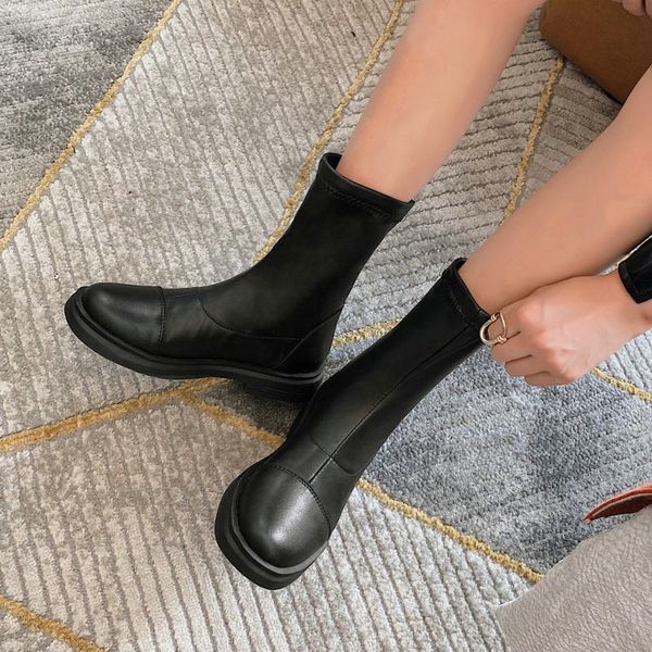 

soft pu stretch womens boots platform casual flat shoes woman ankle socks booties zapatos de mujer winter flat boots big size 46, Black