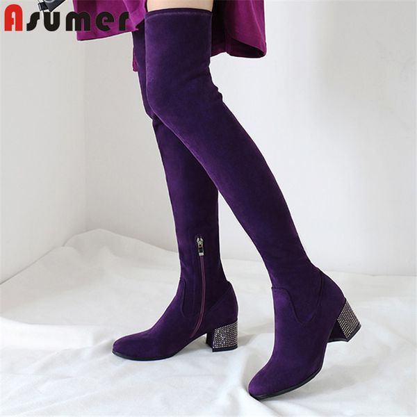 

asumer 2020 new arrival over the knee boots women suede leather round toe crystal high heels party shoes woman stretch boots, Black