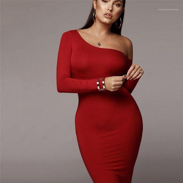 

long sleeve clothing fashion female casual brief bodycon dress one shoulder women dresses solid color office lady, Black;gray