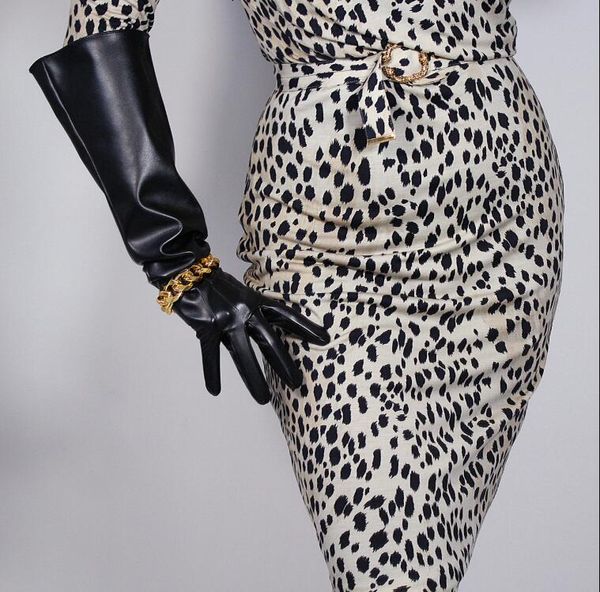 

five fingers gloves women' faux pu leather wide sleeve long female gold silver chain 50cm r1729, Blue;gray