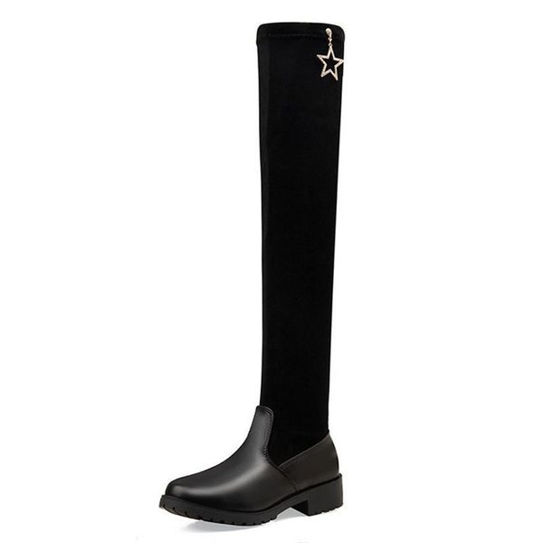 

woman over the knee boots black leather cloth stitching flat bottom head breathable long tube ladies autumn fashion casual boots