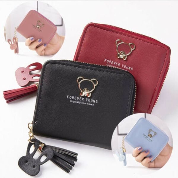 

women solid cute coin bag case leather bear tassel small handbag purse ladies smart female mini slim card wallet, Red;black