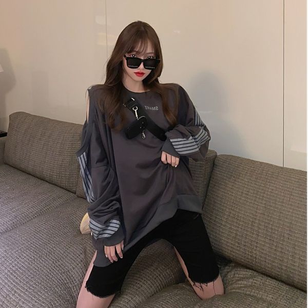 

2020 autumn korean new irregularshoulder bfwind letter loose pullover pulloversweater pullover long sleeve sweater 20904 hhz7s, Black