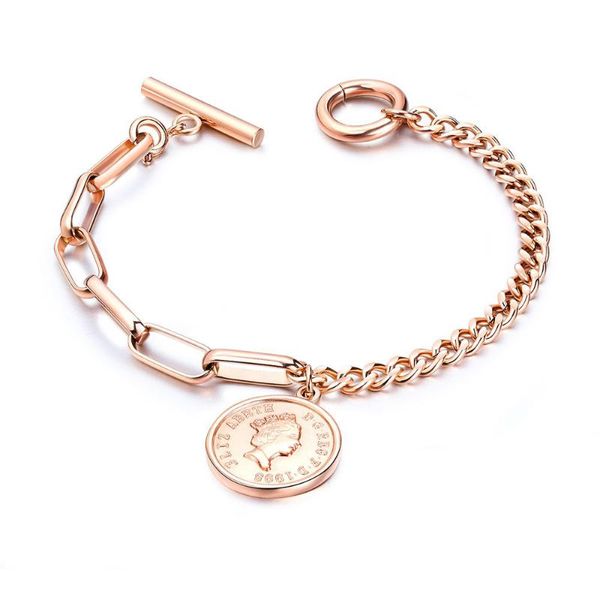 

link, chain women charm bracelet retro round tag elizabeth coin jewelry titanium steel rose gold women's, Black