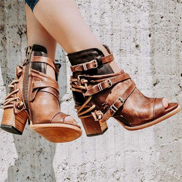 

2020 мода рим ботильоны vintage кожа повседневный высокие каблуки женская пряжка zipper peep toe летняя обувь для женщин сапоги, Black