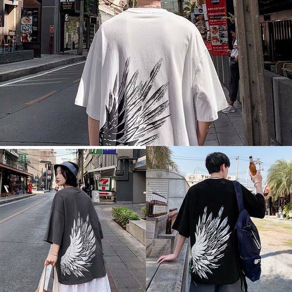 

летний harajuku стиль с короткими рукавами футболки корейский стиль свободный модный персонифицированные крылья напечатаны половину рукавами, Blue
