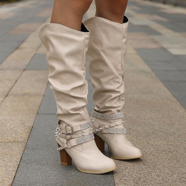 

crystal roman fashion long boots women shoes autumn thick heels knee-high boots pointed toe pu high women botas mujer 2020, Black