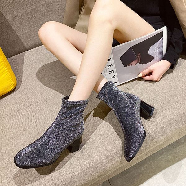 

rimocy сияющий sequined высокие каблуки ботильоны для женщин 2020 новая площадь toe sexy party ботинки женщина скольжения на серебряном boot, Black