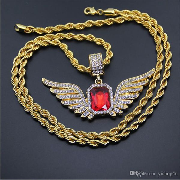

full cz iced out angel wings red ruby pendant necklace gold plated hip hop bling bling 30inch rope chian jewelry, Silver