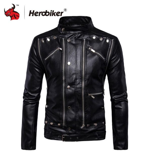 

herobiker retro punk motorcycle jacket men pu leather casual motor jacket multi zippers biker stand collar motorcycle